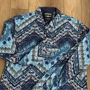Barabas Tribal Print Long Sleeve Blue Button Down‎ Shirt Herringbone